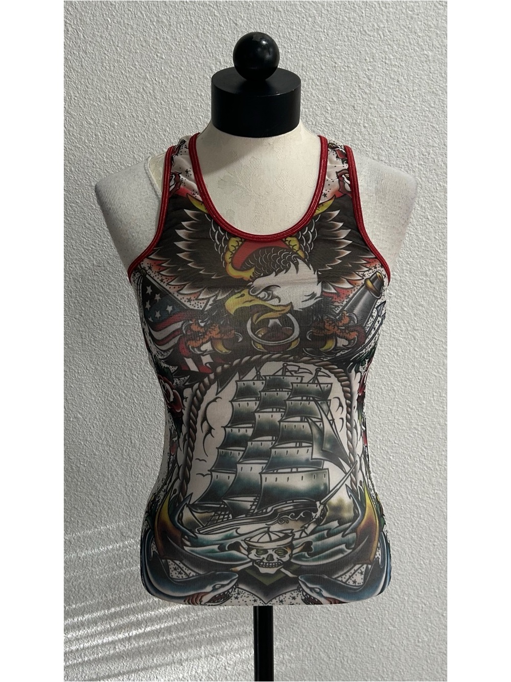 Sleeves Women’s Mesh Tattoo Tee Sleeveless Shirt  Sz Small White Y2K Moto Grunge